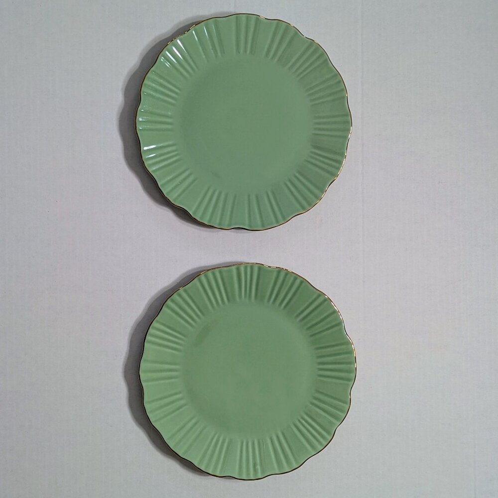 Set of 2 Green and Gold Fluted Porcelain Cake Plates